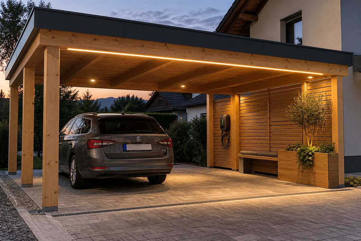 Nadstrešek z LED-linijo, električno polnilnico, vgrajeno klopjo in koritom