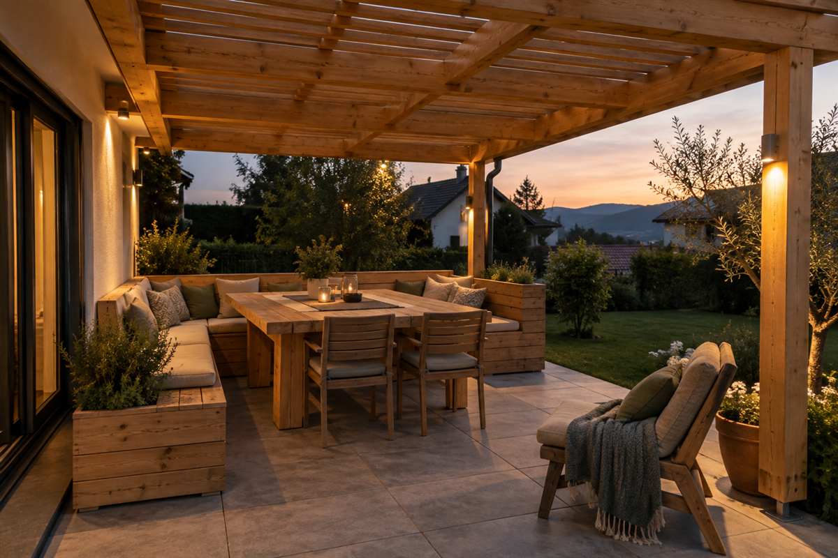 Bivalni prostor pod pergolo z vgrajeno klopjo, mizo in lounge kotičkom