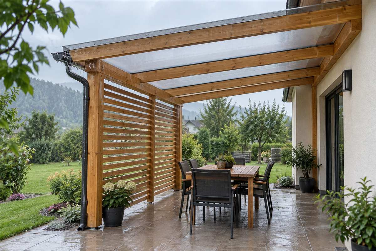 Pokrita streha pergole z žlebom in stransko zaščito pred vetrom