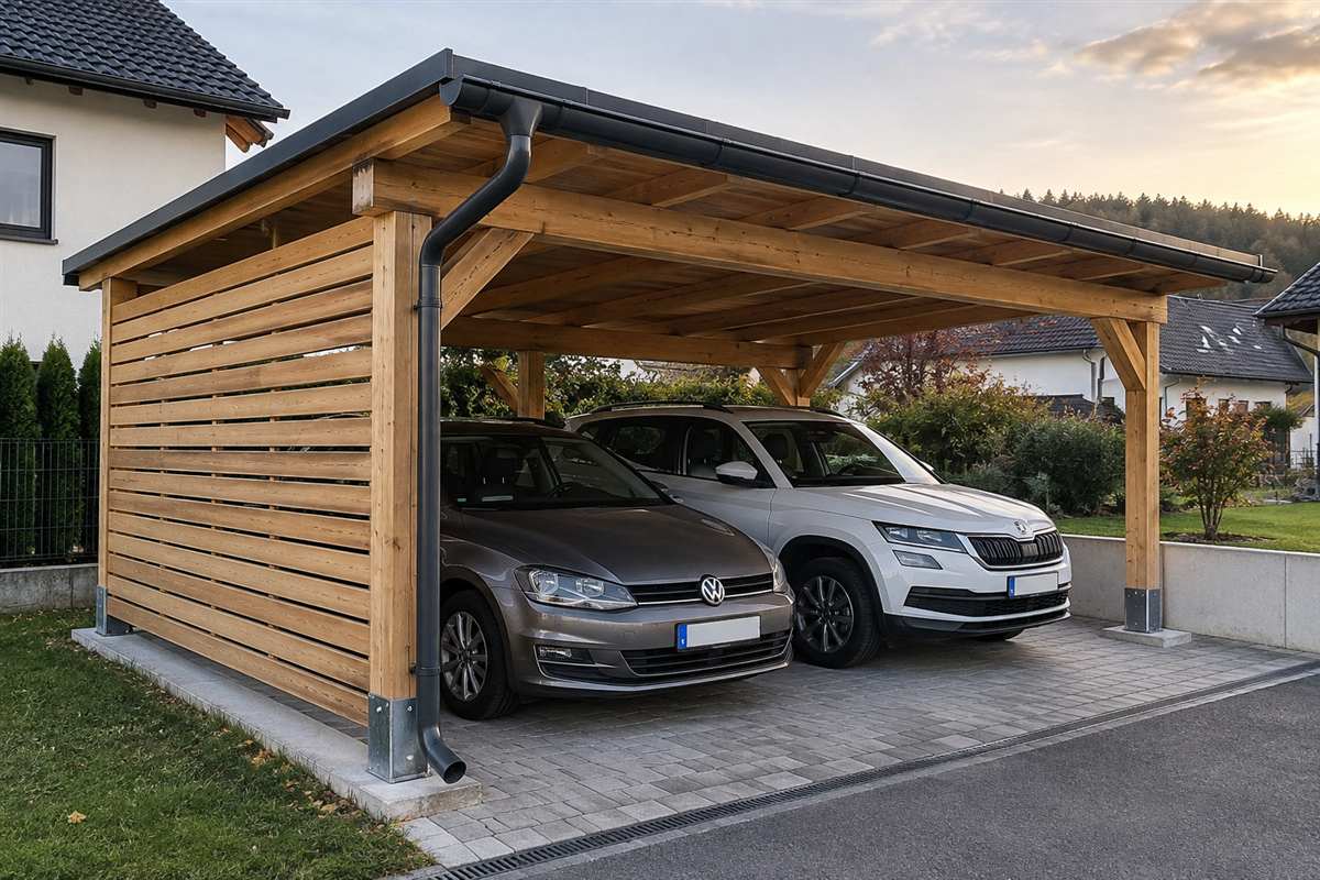 Nadstrešek z letveno stransko steno, kovinsko kritino, žlebom in kovinskimi bazami stebrov