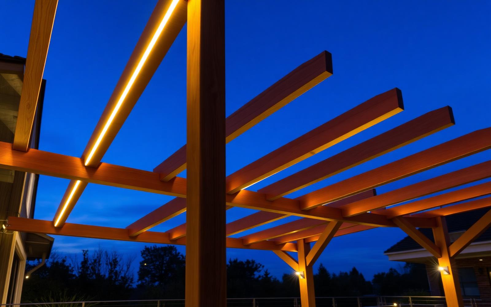 Pergola s toplo LED-osvetlitvijo v špirovcih v mraku